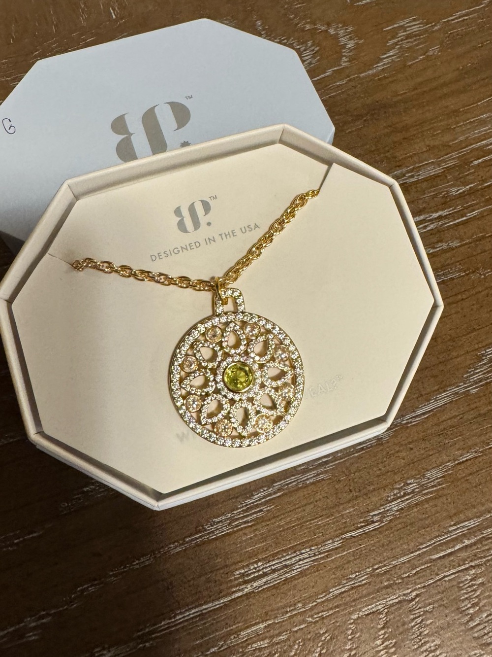 Bomb Party Gold-Tone Filigree Pendant Necklace with Peridot-Green Center
